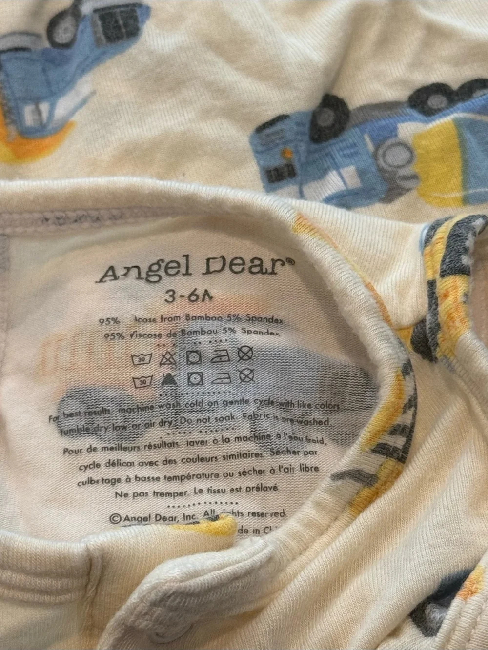 Angel Dear Romper Shortie Yellow & Blue Truck Construction Print 3-6m Bamboo